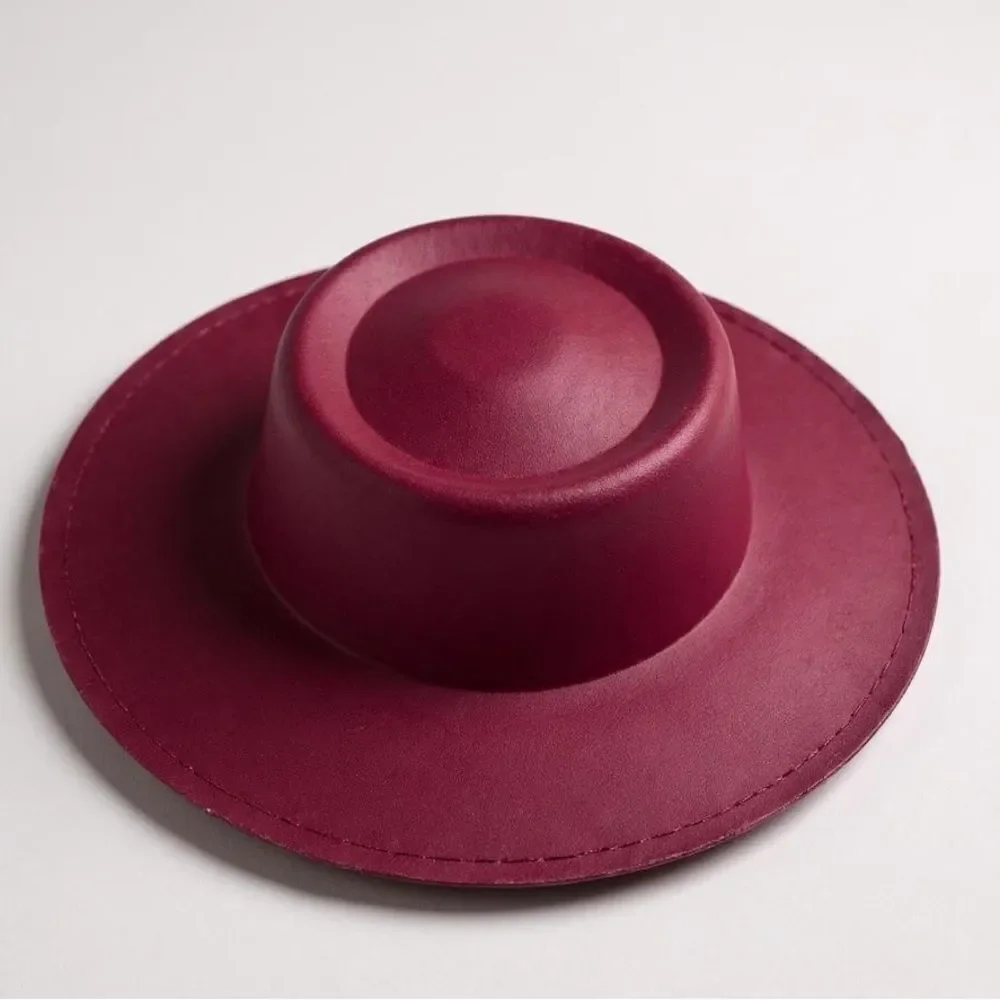Dark Red Wide Brim Dented Round Crown Fashion Fedora Hat NEW